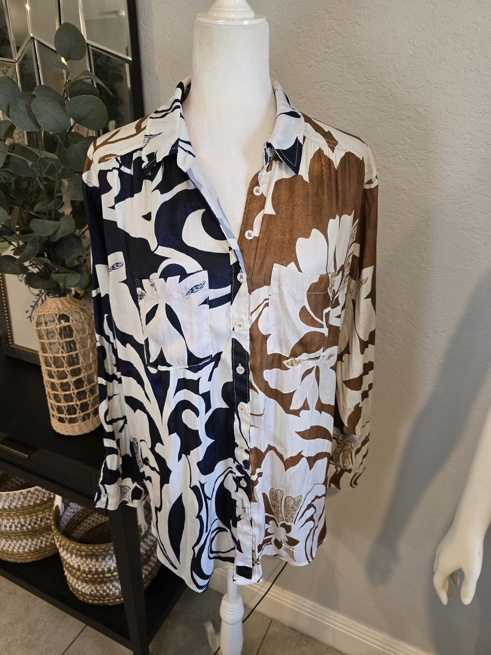 Anthropologie Women’s Long Sleeve Collared Floral Blouse Top Bohemian 1X